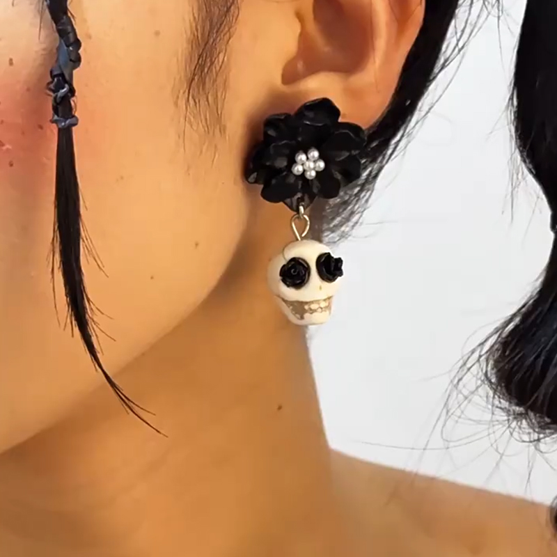 Skull Black Camellia Teacher Acrylic Earrings