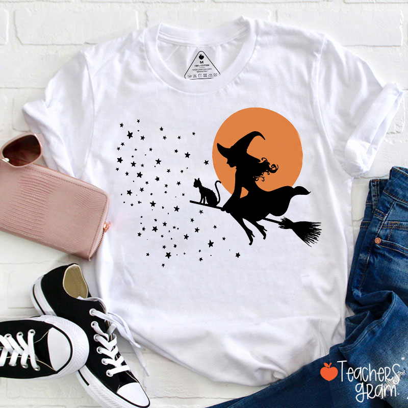 Halloween Witch Black Cat Moon And Stars Graphic Teacher T‑Shirt