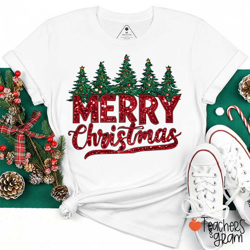 Merry Christmas Faux Glitter Teacher T-Shirt