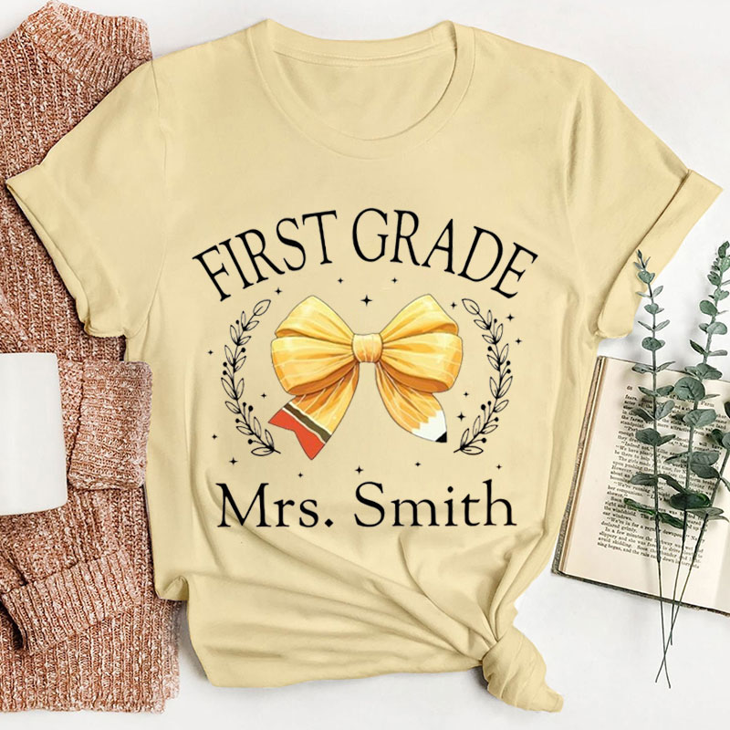 Teachergive | Personalized Name And Grade Bow Teacher T-Shirt sale