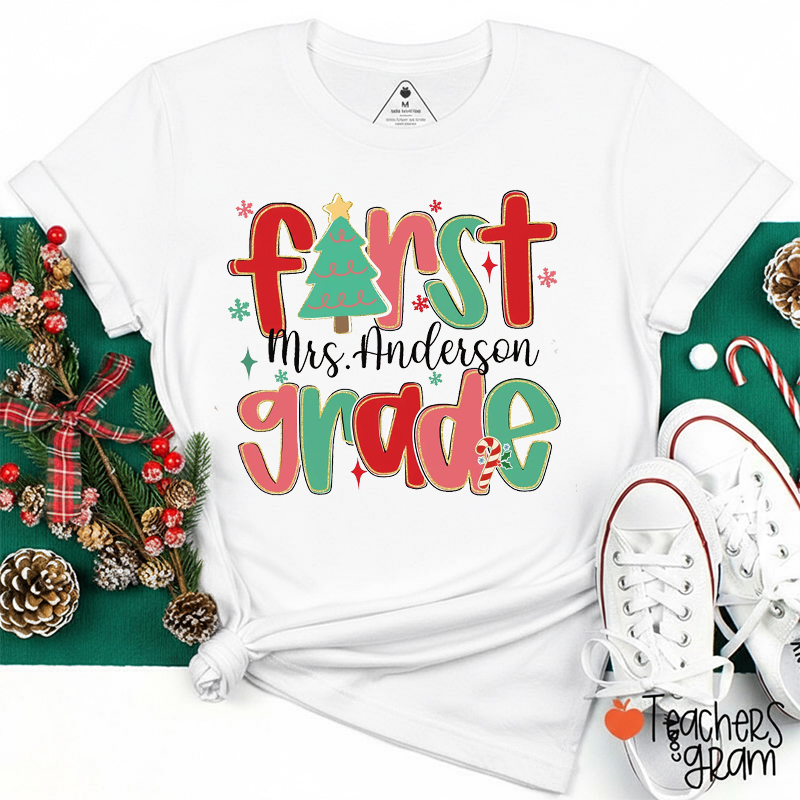 Personalized Name And Grade Christmas Tree Teacher T-Shirt