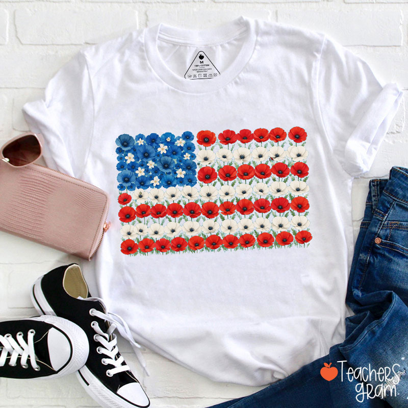 Floral American Falg Teacher T-Shirt