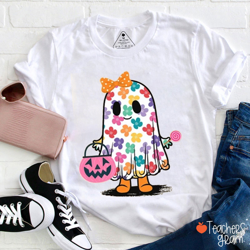 Cute Flower Bow Ghost Halloween Teacher-Shirt