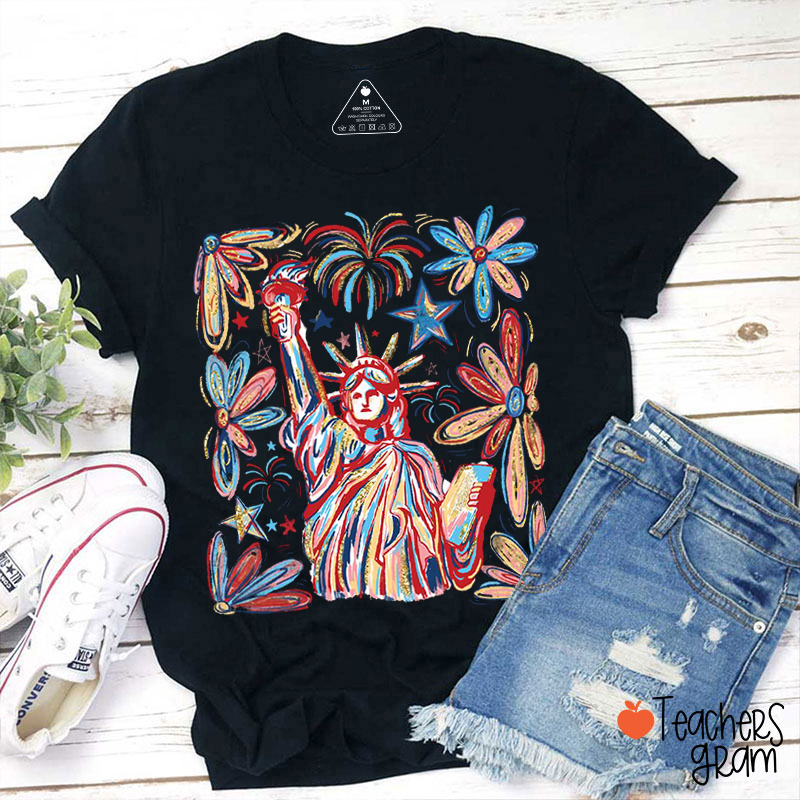 Retro 4th July Statue Of Liberty Teacher T-Shirt