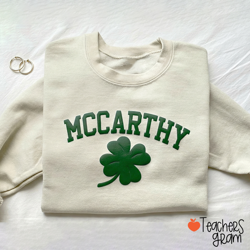 Personalized Name St Patrick's Day Puff Printed Teacher Sweatshirt
