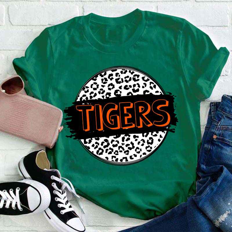 Personalized  Mascot Round Leopard Print Teacher T-Shirt
