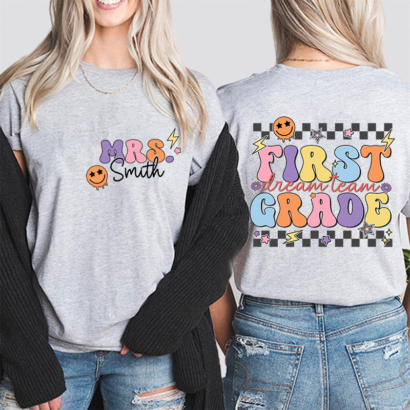 Personalized Teacher's Name And Grade Smiley Face Print Teacher Two Sided T-Shirt Sale-Teachersgram