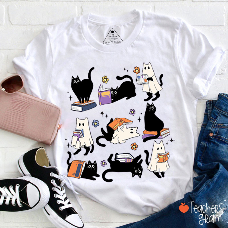 Reading Black Cat Ghost Teacher T-Shirt