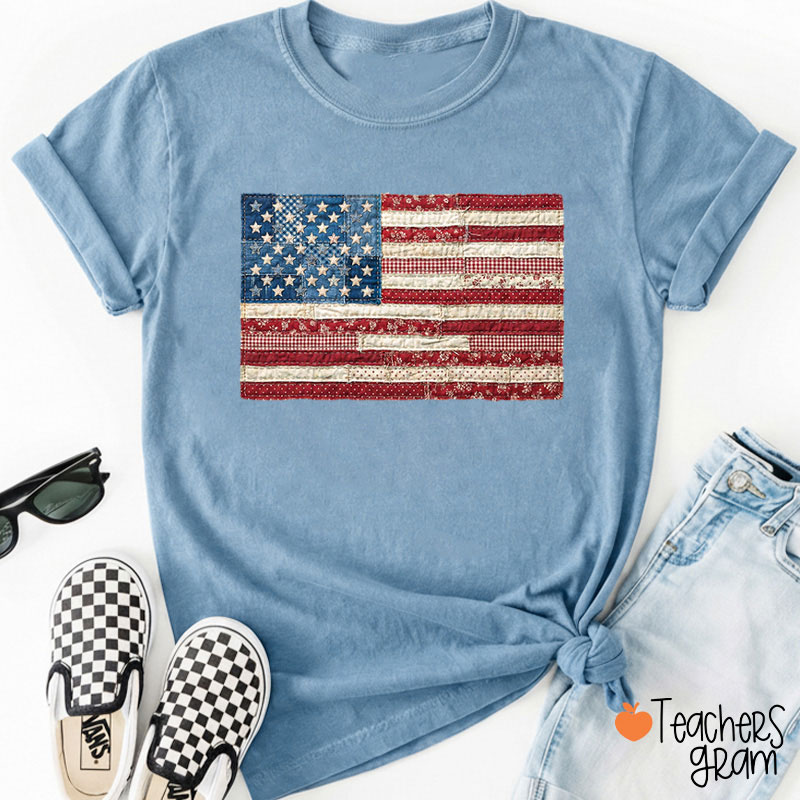 Faux Patchwork Retro American Flag Teacher T-Shirt