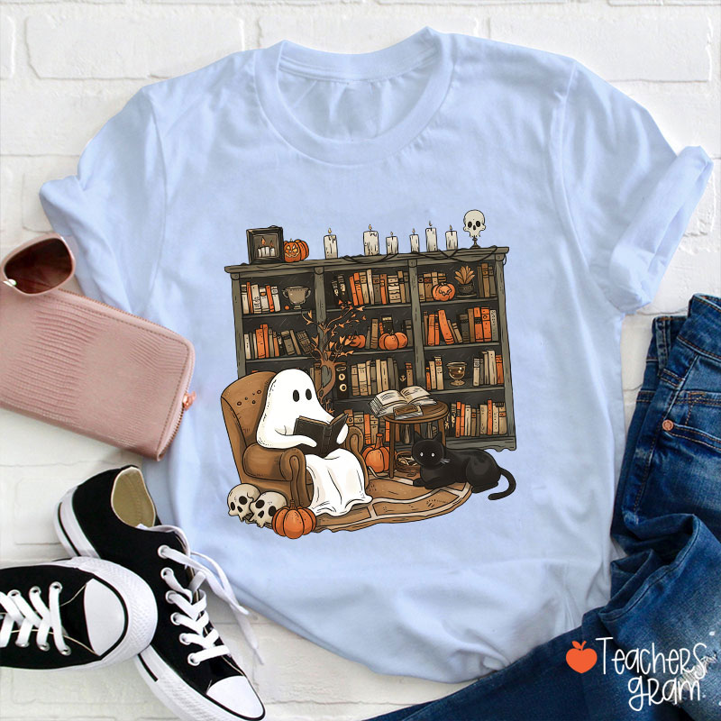 Ghost Reading Books Halloween Teacher T-Shirt