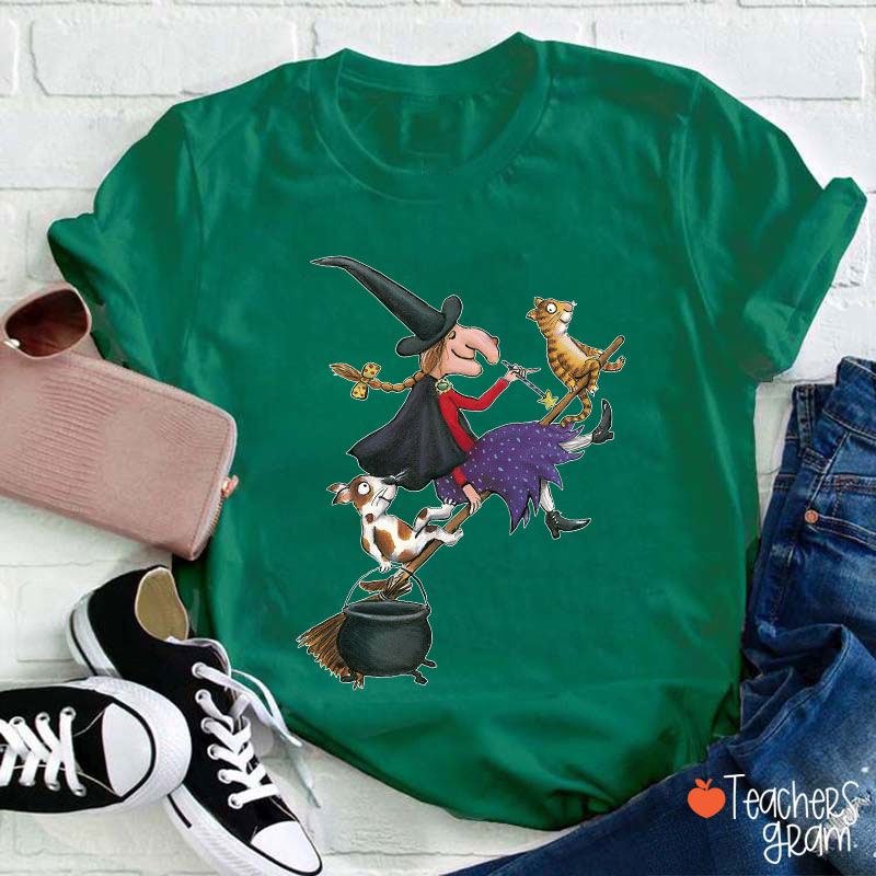 Witch Dog Cat Dark Gothic Halloween Teacher T-Shirt