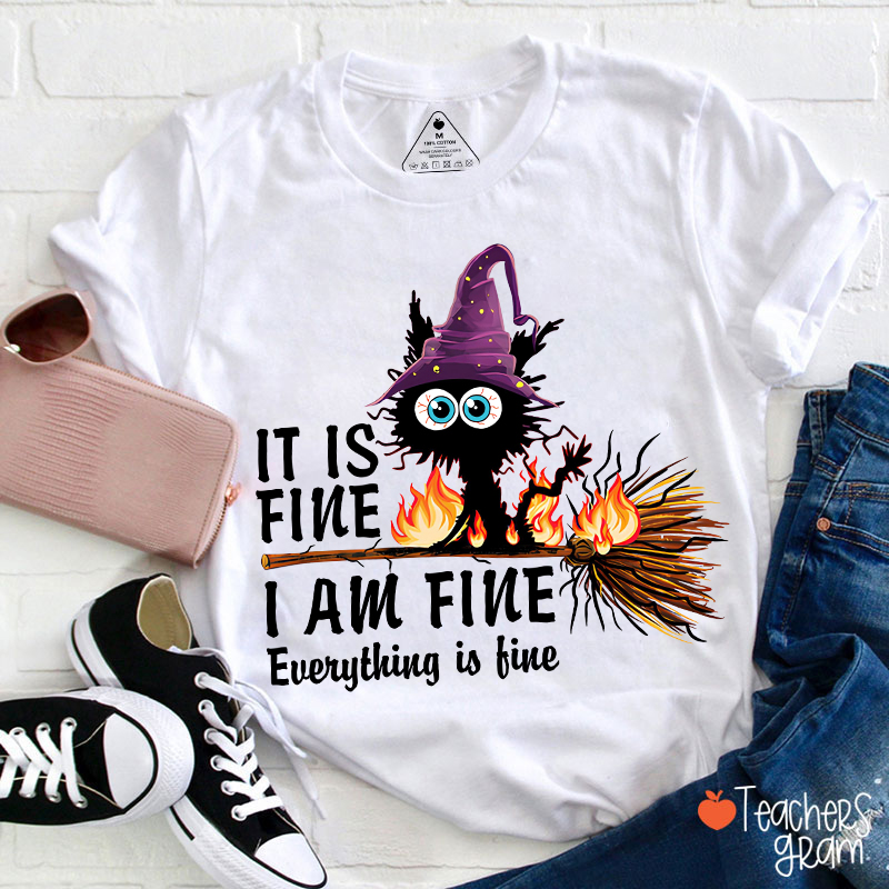 It Is Fine I Am Fine Everything Is Fine Halloween Broom Cat Teacher T-Shirt