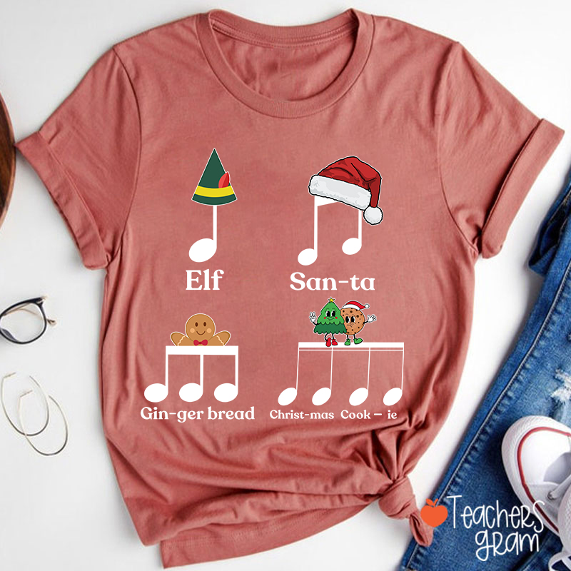 Elf Santa Music Note Teacher T-Shirt