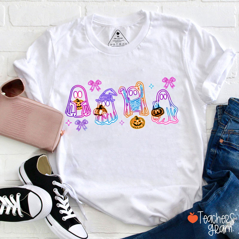 Colorful Neon Ghost Pumpkin Teacher T-Shirt