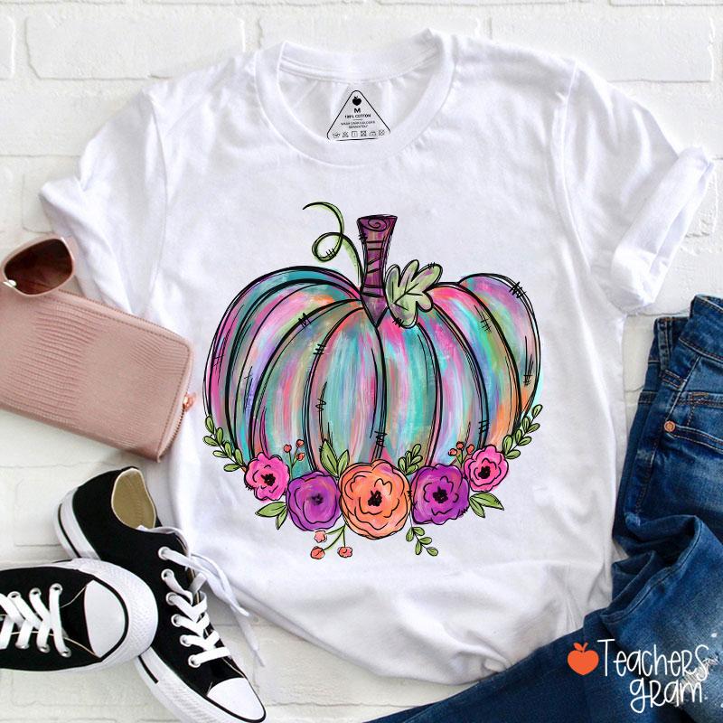 Colorful Pumpkin Watercolor Pumpkin Teacher T-Shirt Sale-Teachersgram