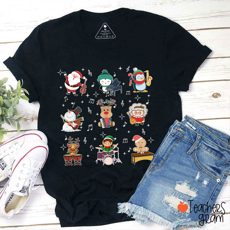 Cute Christmas Cartoons Playing Musical Instruments TeacherT-Shirt