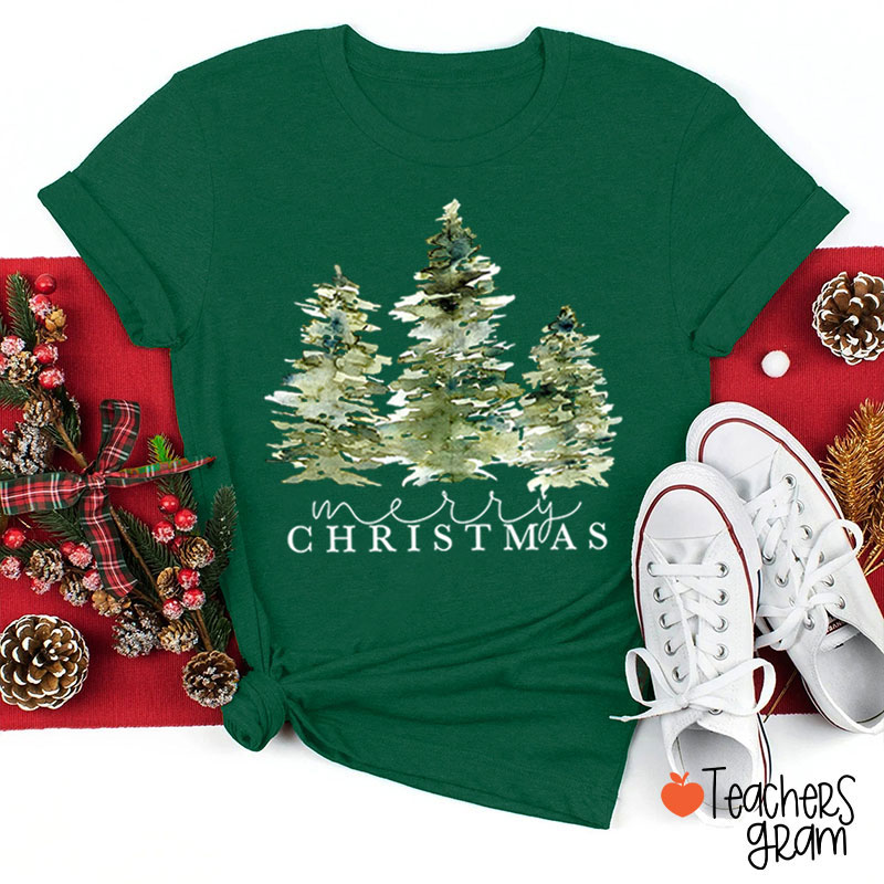 Merry Christmas Green Tree Teacher T-Shirt
