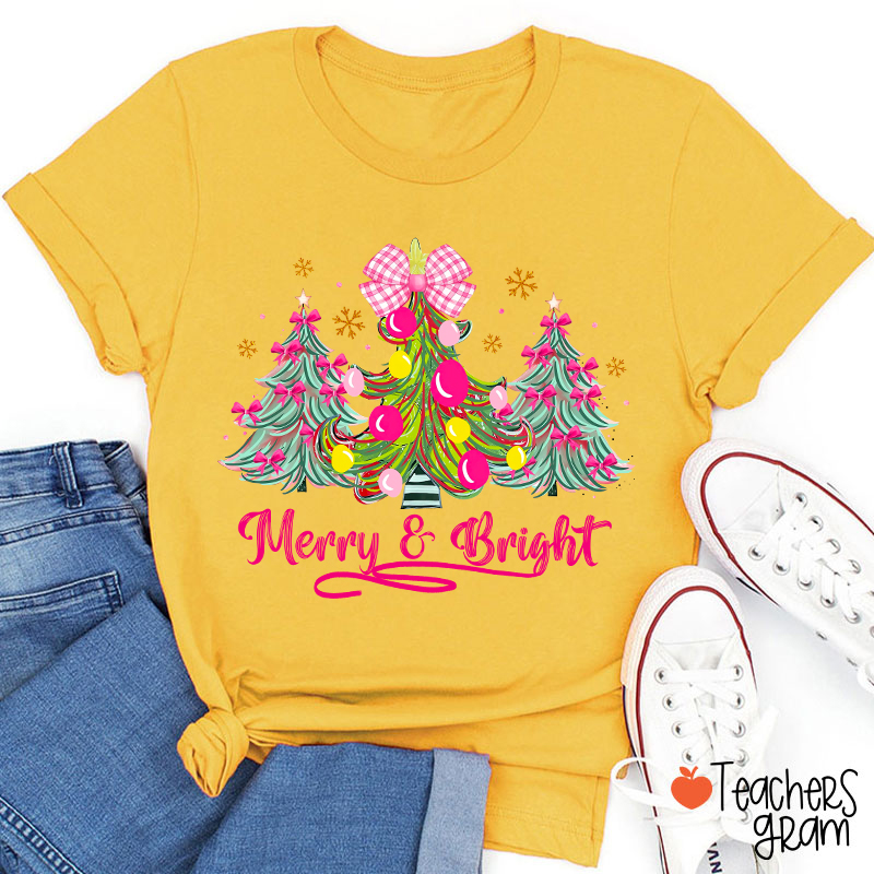 Fantasy Bow Christmas Tree Merry And Bright Christmas Teacher T-Shirt