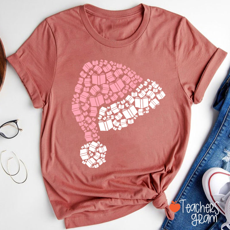 Book Christmas Hat Christmas Teacher T-Shirt