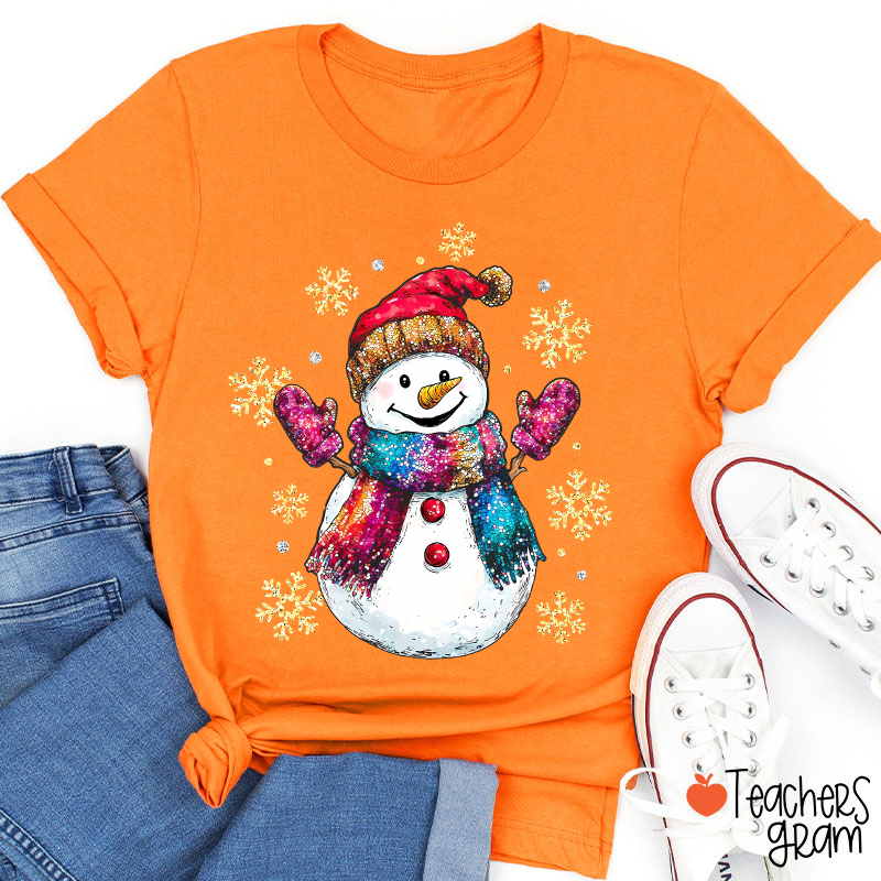 Colorful Scarves Snowman Teacher T-Shirt