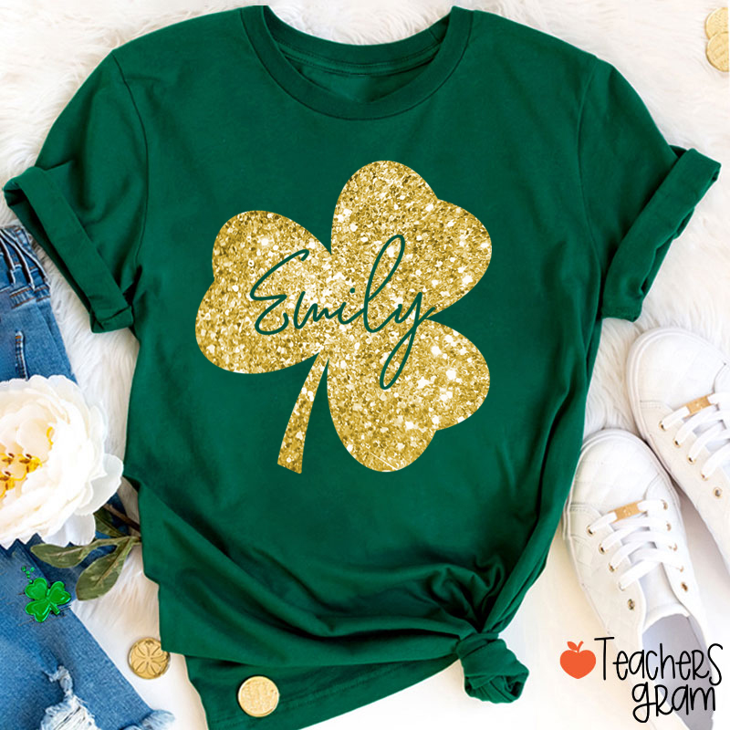 Personalized Clover Glitter Teacher T-Shirt Sale-Teachersgram