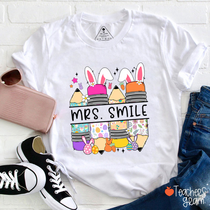 Personalized Name Bunny Pencil Teacher T-Shirt