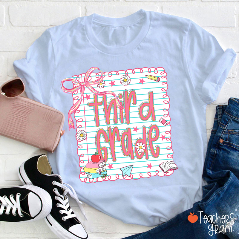 Personalized Grade Pink Bow Notebook Teacher T-Shirt