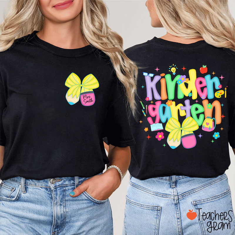 Personalized Name And Grade Pencil Bow Candy Color Fonts Teacher Two Sided T-Shirt