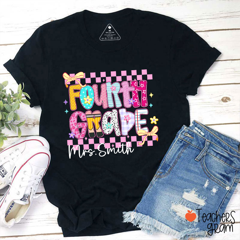 Personalized Grade Pink Checkered Teacher T-Shirt