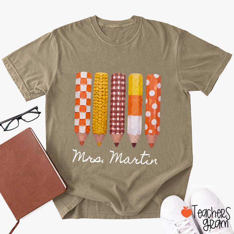Personalized Name Harvest Corn Pencil Set Teacher T-Shirt