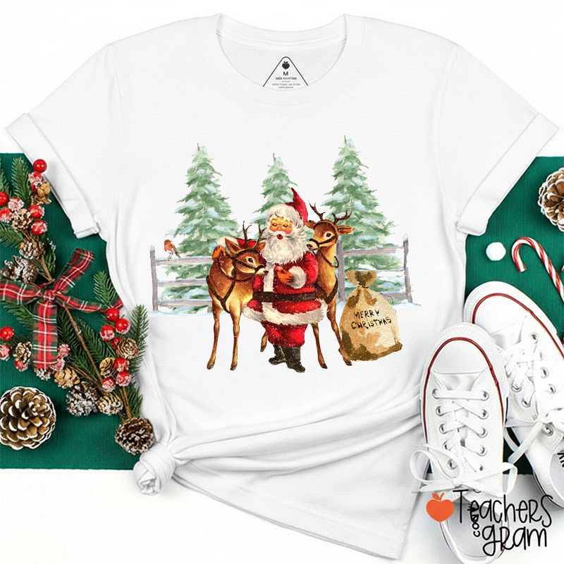 Santa And Reindeer Retro Christmas Teacher T-Shirt