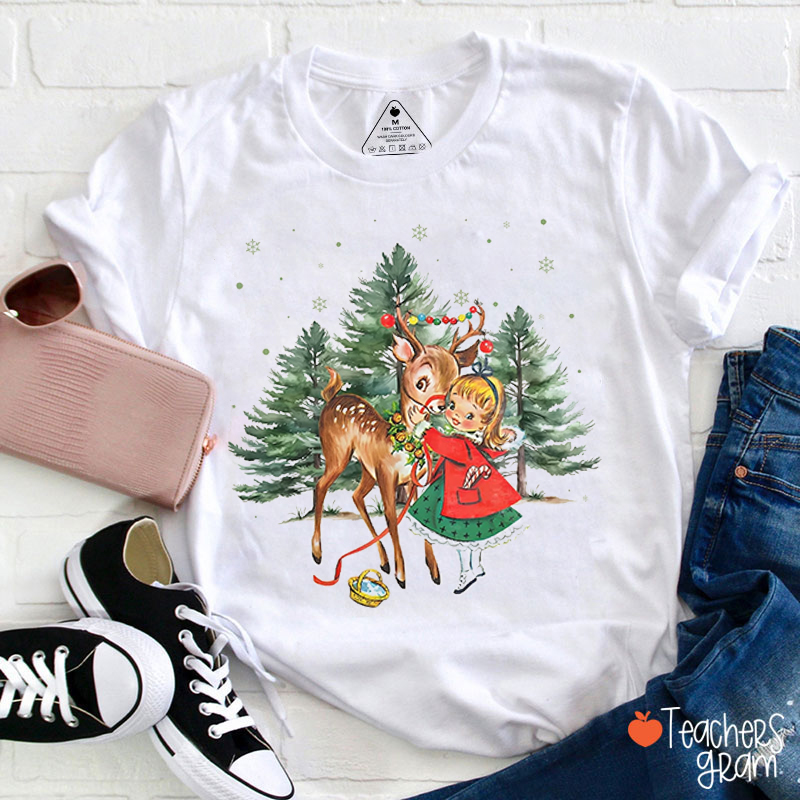 Reindeer And Little Girl Teacher T-Shirt