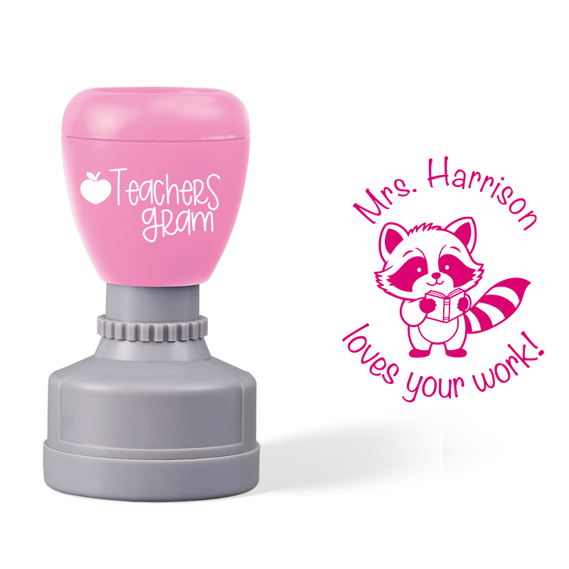 Personalized Name Loves Your Work Raccoon Teacher Stamp