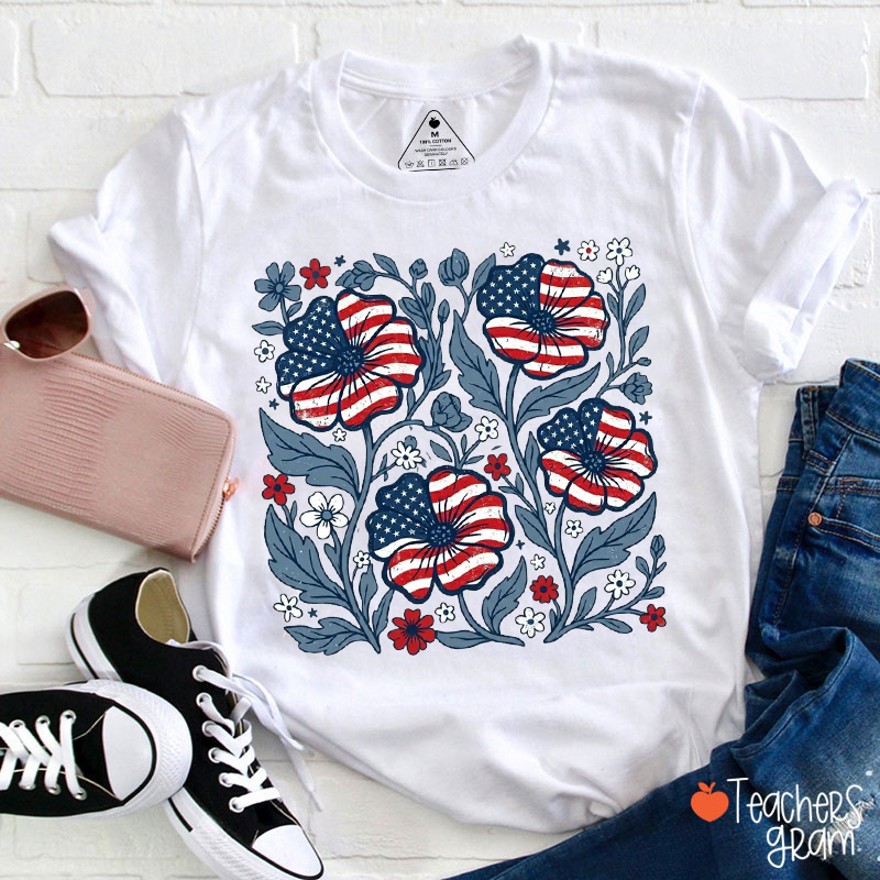 Red White Blue Floral Teacher T-Shirt