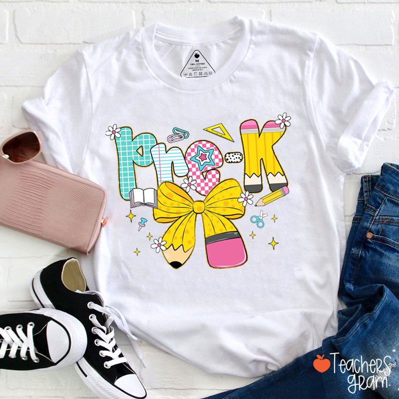 Personalized Grade Pencil Bow Teacher T-Shirt
