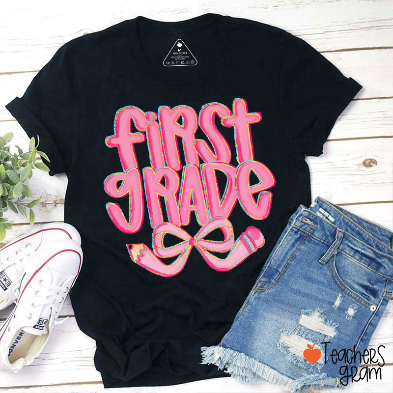 Personalized Grade Pencil Bow Cute Pink Fonts Teacher T-Shirt