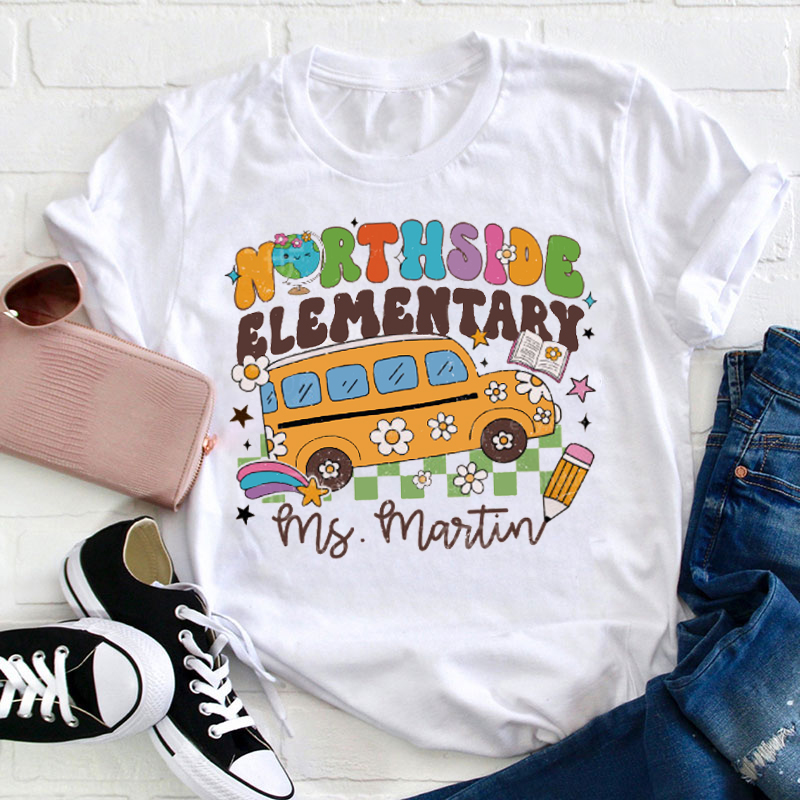 Personalized Get On The School Bus Bound For Happiness And Knowledge Teacher T-Shirt