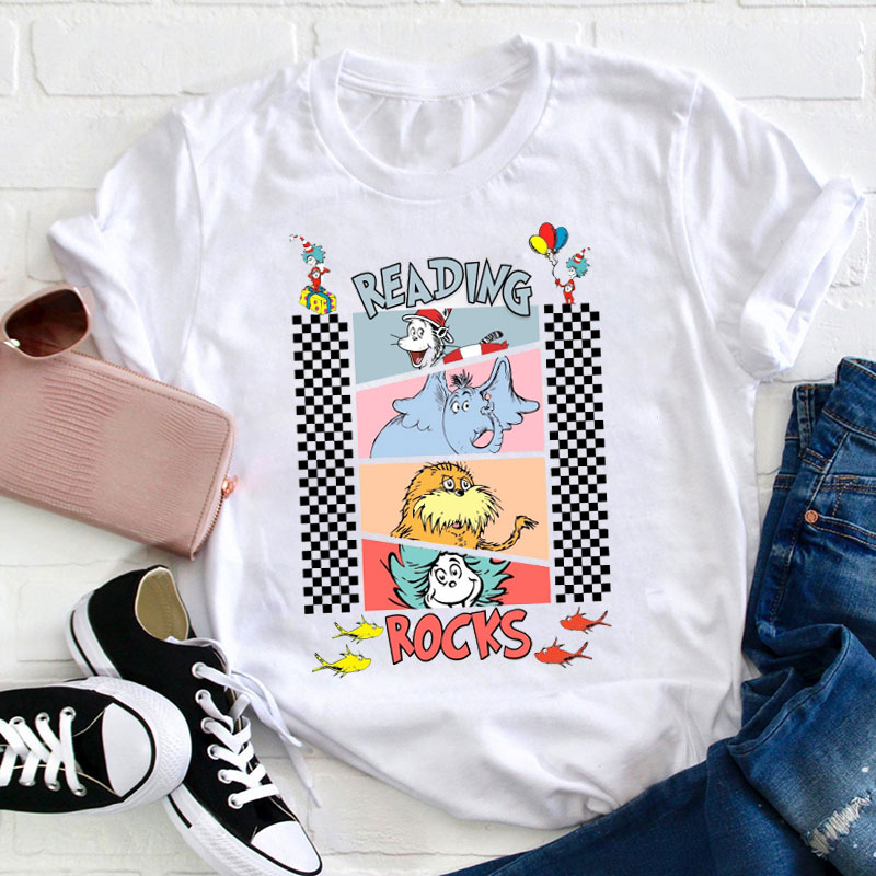Checkerboard Reading Rocks Teacher T-Shirt