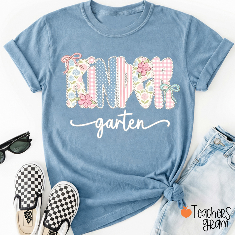 Personalized Grade Gingham Floral Bow Varsity Letter Teacher T-Shirt