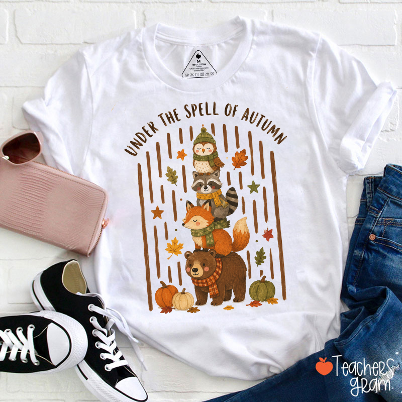 Under The Spell Of Autumn Stacked Forest Animal Teacher T‑Shirt