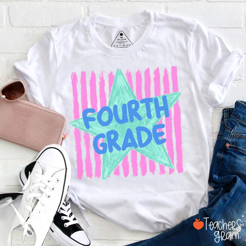 Personalized Grade Stripe Star Pattern Teacher T-Shirt