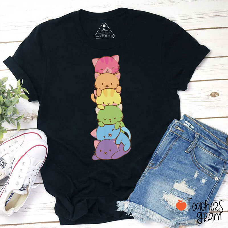 Mult Color Rainbow Cats Teacher T-Shirt