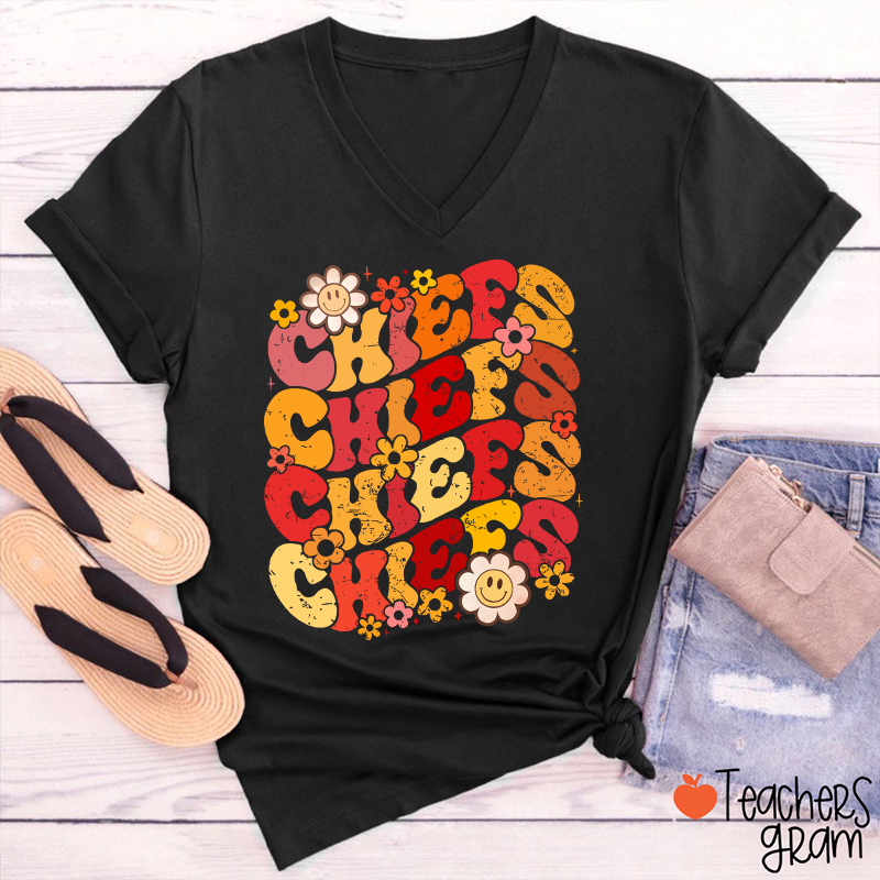 Personalized Mascot Game Day Flowers Teacher Female V-Neck T-Shirt