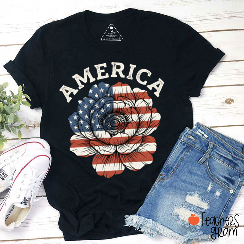 America Floral Falg Teacher T-Shirt
