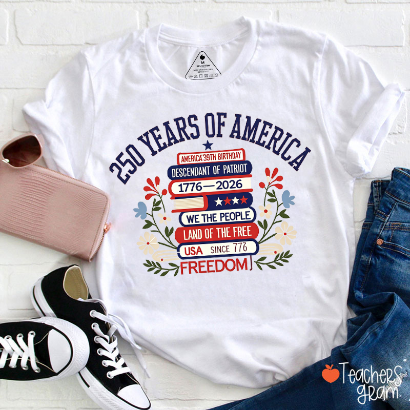 250 Years Of America Floral Book Teacher T-Shirt