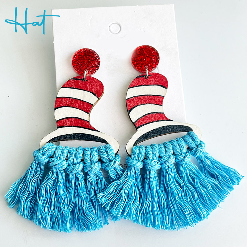 Bohemian Handwoven Tassel Fan Teacher Wooden Earrings