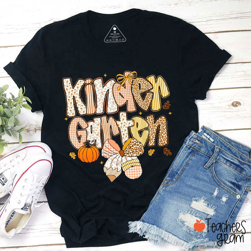 Personalized Grade Pumpkin Leaf Leopard Print Teacher T-Shirt