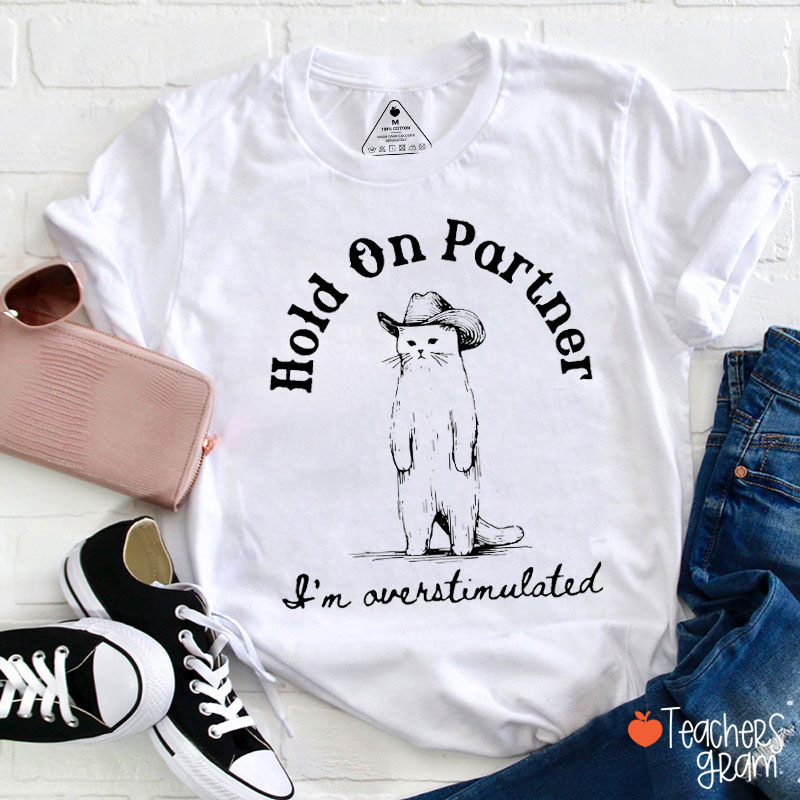 Cowboy Cat Hold On Partner Teacher T-Shirt