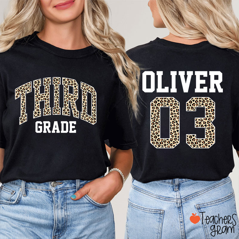 Personalized Grade Name Leopard Print Number Teacher Two Sided T-Shirt