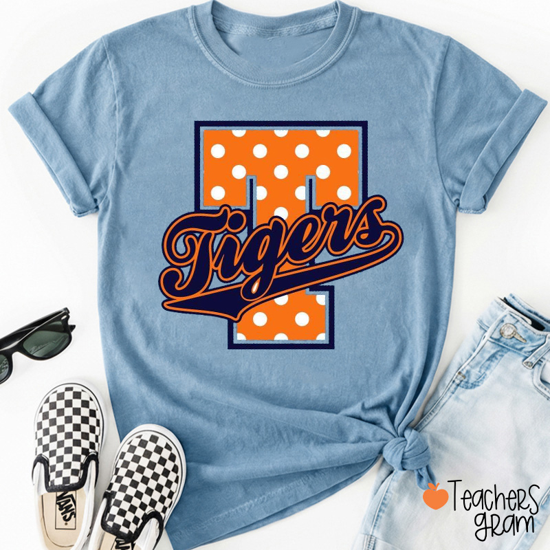 Personalized Mascot Polka Dot Varsity Letter Script Teacher T-Shirt